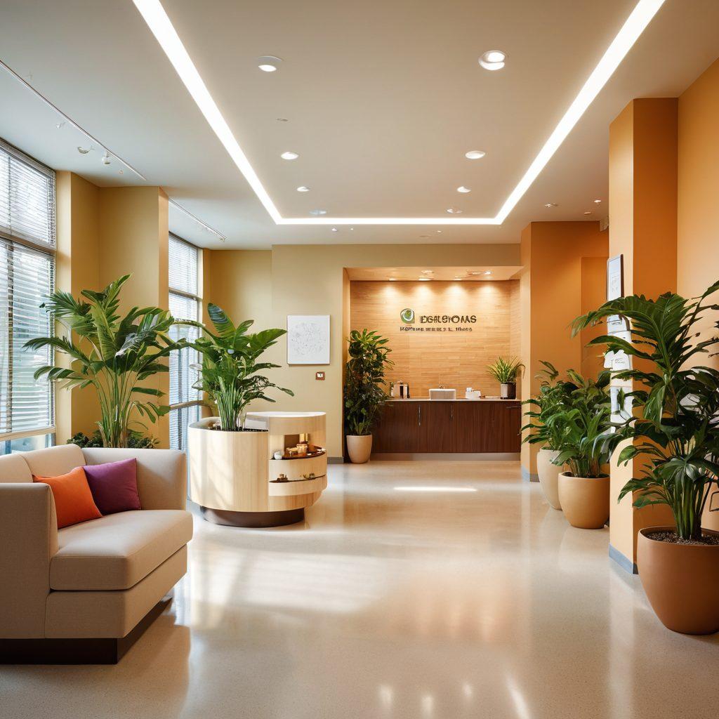 A warm and inviting health center with diverse healthcare professionals providing care to patients of all ages, showcasing a cheerful atmosphere. Incorporate elements of affordability like price tags with reduced rates on medical services. Include greenery like indoor plants to symbolize growth and wellbeing. Bright, soft lighting to create a welcoming ambiance. super-realistic. vibrant colors.
